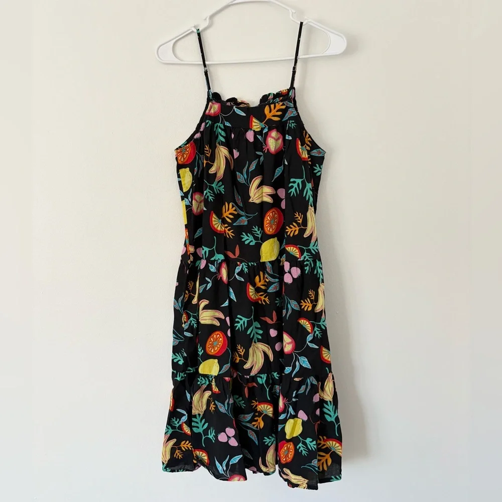 J Crew Black Colorful Fruit Spaghetti Strap Flowy Mini Dress Size XS - Picture 2 of 3